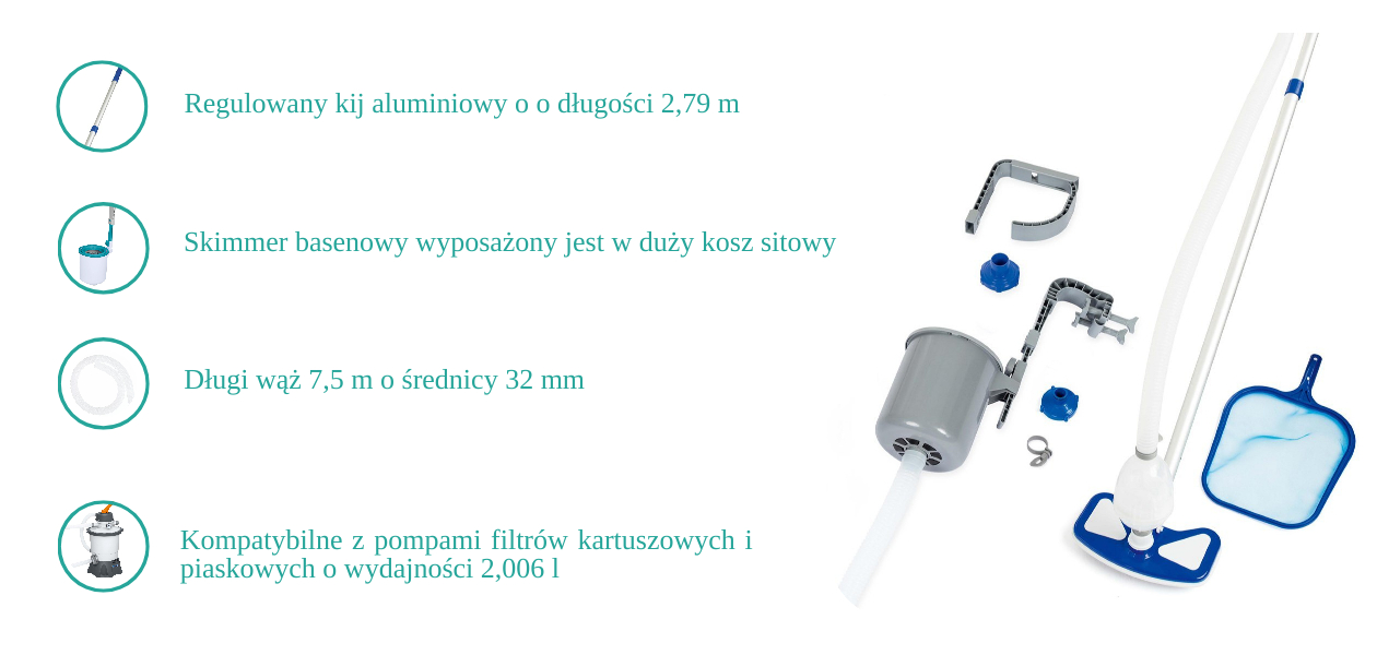 infografika z zaletami produktu Zestaw czyszczący do basenów Bestway Deluxe 58237
